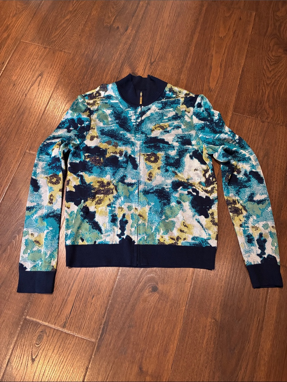Abstract Blue Multi Zip-Front Cardigan Sweater